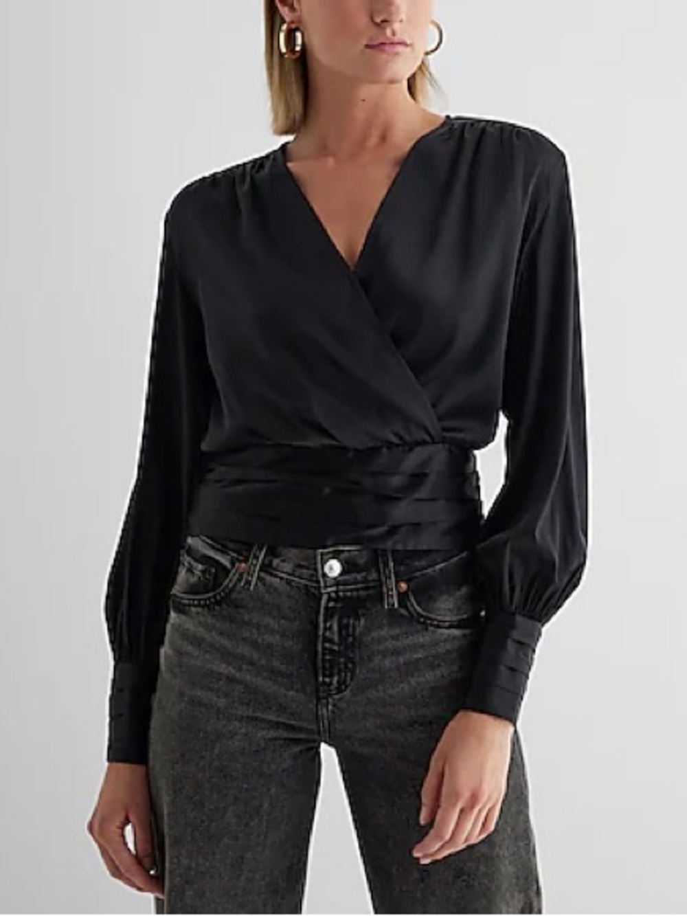 Express Satin V-Neck Balloon Sleeve Faux Wrap Top